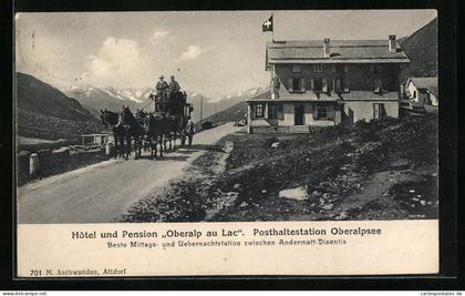 AK Tujetsch, Hotel und Pension Oberalp au Lac, Postkutsche vor dem Hotel