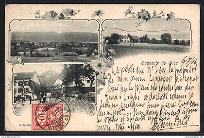 AK Giez, Strassenpoartie mit Anwohnern, Panorama mit Feldern