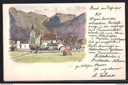 Künstler-AK Noville, Ortsansicht mit Bergpanorama
