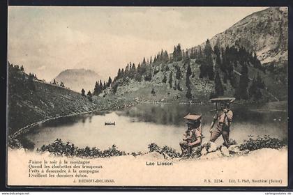 AK Ormont-Dessous, Lac Lioson, Ortsansicht mit zwei Kraxenträgern