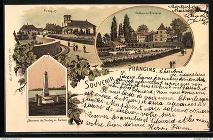 Lithographie Prangins, Teilansicht, Chateau de Prangins, Monument des Vaudois du Piemont