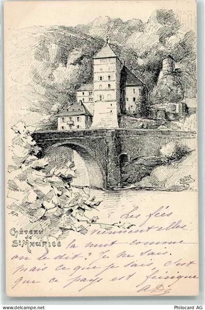 1890 St-Maurice 1901 Künstlerkarte Schloss von St. Maurice sign. D. Mhiz... - 10593309