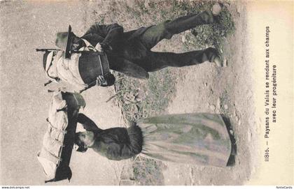 Valais Wallis Kanton VS Paysans du Valais se rendant aux champs avec leur progre