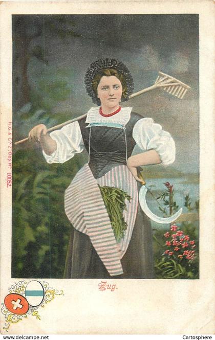 CPA Suisse > ZG Zoug ZUG Frau in Tracht Costume Folklore Femme Dégringolade Bazar Genève