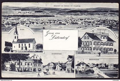 1908 gelaufene Kunstkarte: Gruss aus Dübendorf. 5 bildrig mit Buchdruckerei, Bahn- und Zürcherstrasse.