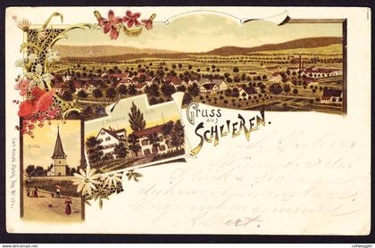 1900 gelaufene Litho AK: Gruss aus Schlieren. 3 bildrig. Rückseitig leicht fleckig