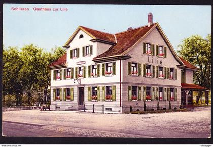 um 1920 ungelaufene AK aus Schlieren. Gasthaus zur Lilie. Rückseitig minim fleckig.