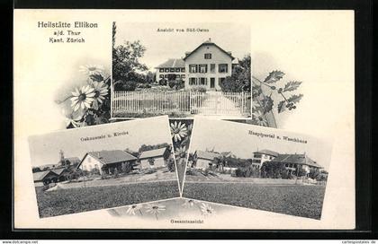 AK Ellikon a. d. Thur, Heilstätte, Ökonomie und Kirche, Ansicht von Süd-Osten, Hauptportal und Waschhaus