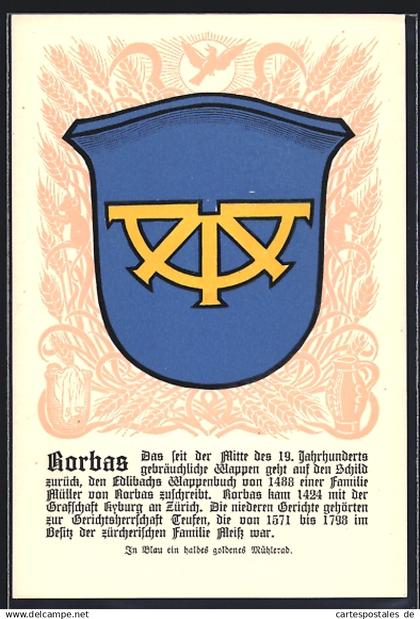 AK Rorbas, Wappen auf Ähren-Ornamenten, Sicheln, Krug, Info-Text
