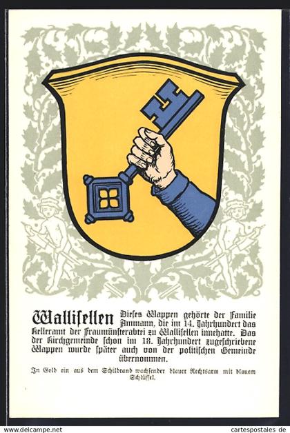 AK Wallisellen, Wappen auf Ilex-Ornamenten, Kinderfiguren, Info-Text