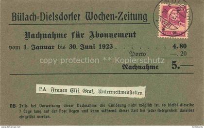 BueLACH  ZH Buelach-Dielsdorfer Wochen-Zeitung Abonnement-Quittung