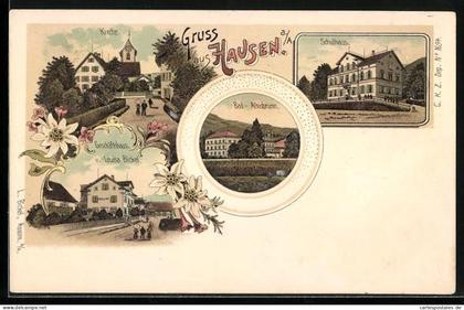 Lithographie Hausen am Albis, Geschäftshaus von Louisa Bickel, Schulhaus, Bad Albisbrunn
