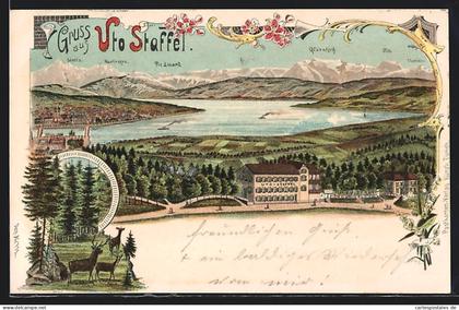 Lithographie Stallikon, Bergrestaurant Uto-Staffel mit Seeblick