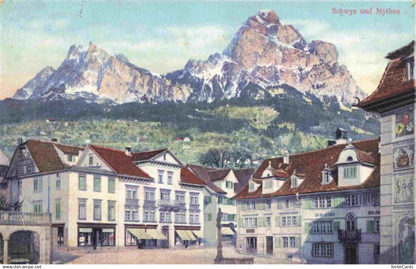 SCHWYZ SZ Ortszentrum Blick gegen Mythen