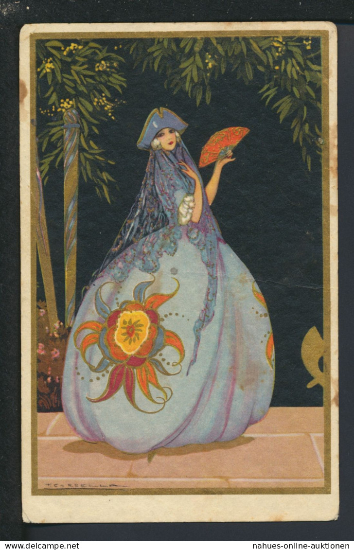Selten schöne Art Deco Künstler Ansichtskarte Estland Rakvere Dame mit Fächer