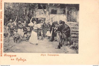 Serbia Pozdrav iz Serbia Handjar game Dance Peasants Musicians postcard B875