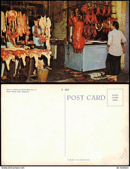 Postcard Singapur North Bridge Road, Fresh Meat Shop 1972