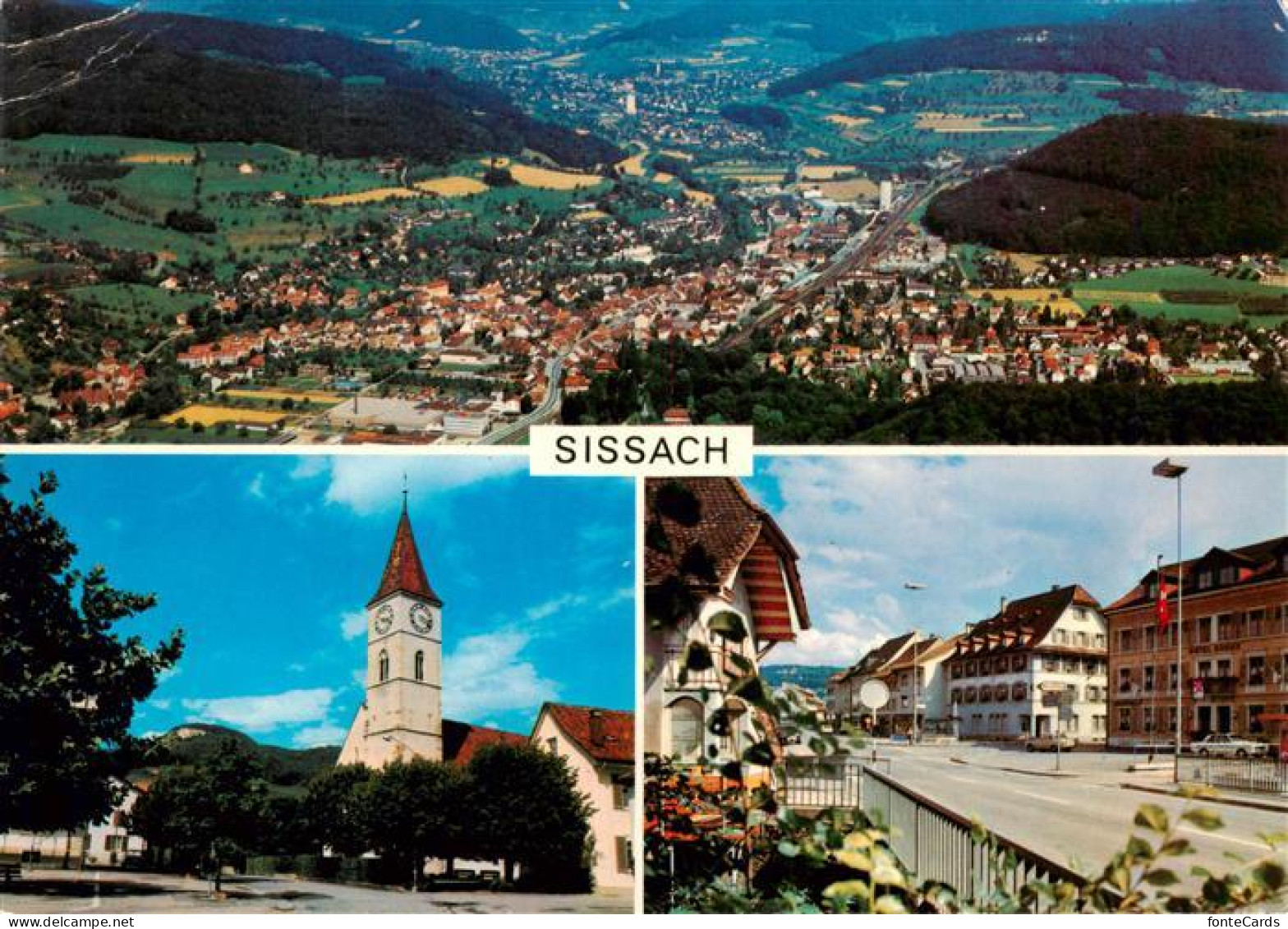 Sissach BL Fliegeraufnahme Kirche Hauptstrasse