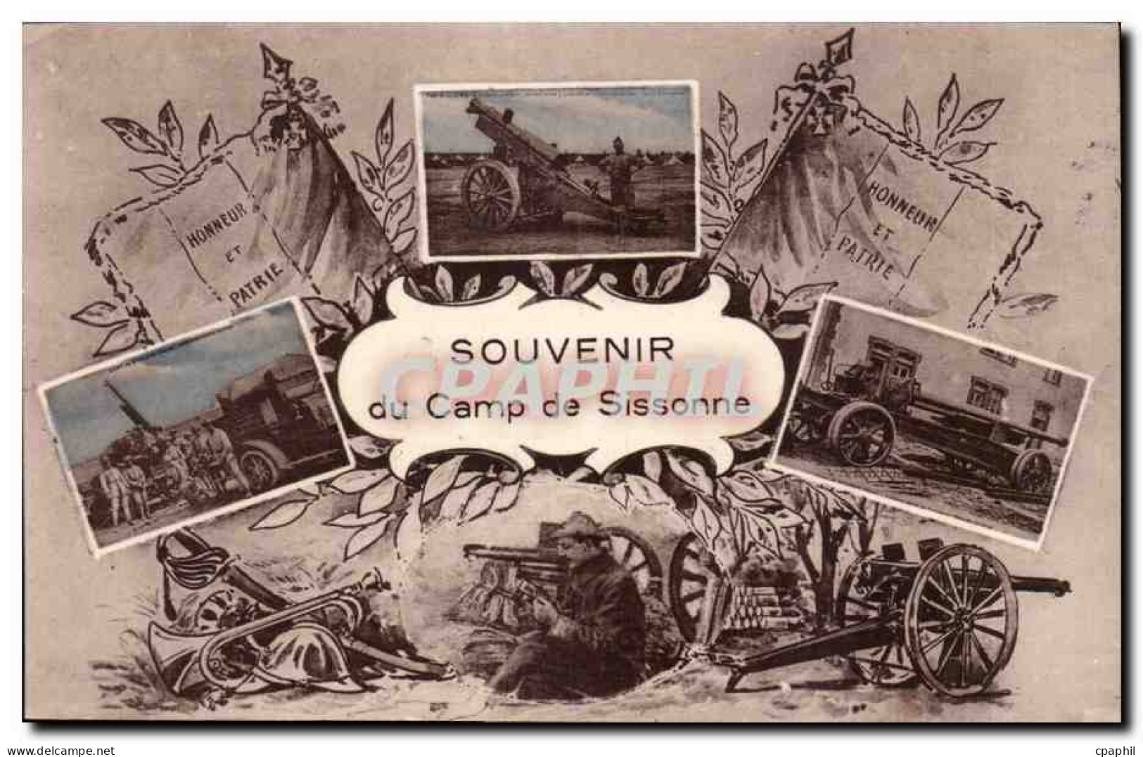 Sissonne - Souvenir du Camp de Sissonne - militaria - soldat - canon- CPA