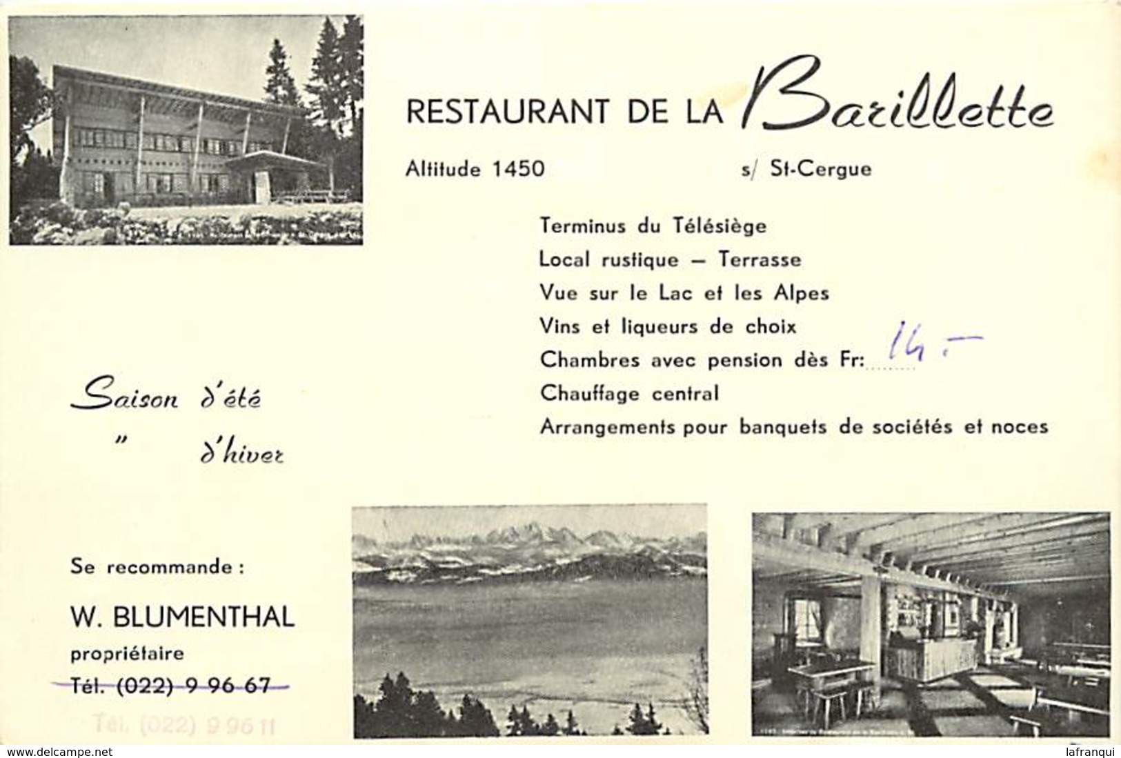 -size -format 15 cms x 10cms - ref :U97- suisse -carte souple dos non séparé-restaurant de la barillette -st cergue -