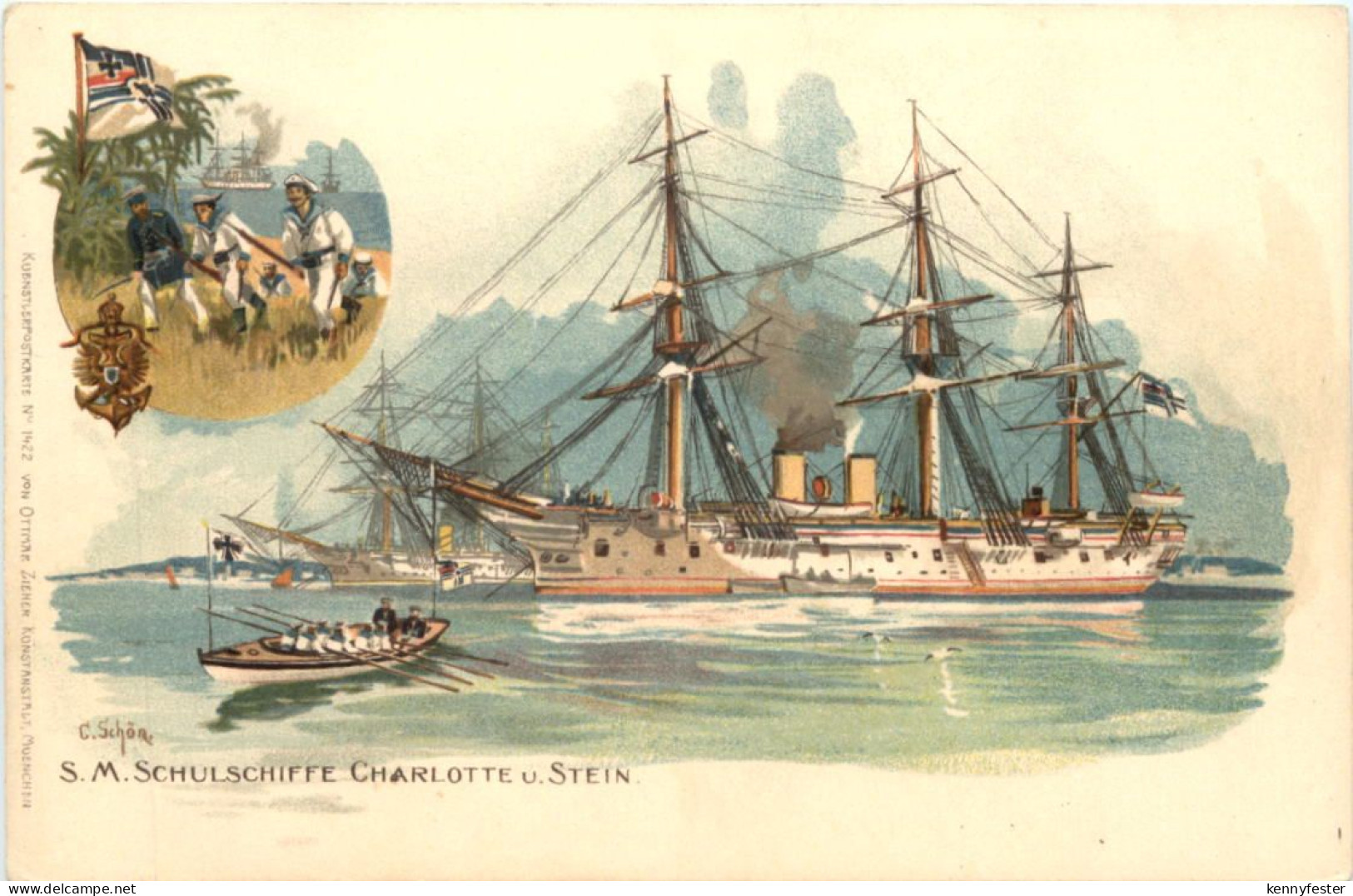 SM Schulschiffe Charlotte und Stein - Litho - Kolonien - Künstler C. Schön