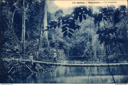CPA Mayumba Gabun, Schwimmende Brücke, Fluss, Bäume, Menschen, Gabun