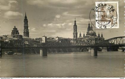 CPA Zaragoza Puente de Hierro sobre el rio Ebro y Templo del Pilar Ediciones Garcia Garabella Prohibida la reproduccion