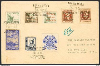 España. Canarias. Sobre 34/36. 1937. Serie completa. LAS PALMAS a NUEVA YORK (U