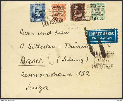 España. Canarias. Sobre 4/6, 688. 1937. Serie completa y 50 cts azul. LAS PALMA