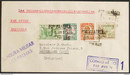 España. Canarias. Sobre 8/10. 1937. Serie completa. LAS PALMAS a BRUSELAS. Al d