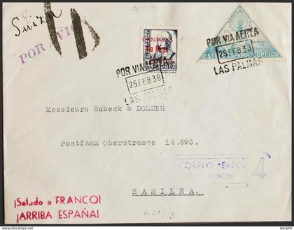 España. Canarias. Sobre 51, Benef 20. 1938. 5 cts y 1'25 pts sobre 50 cts. Cart