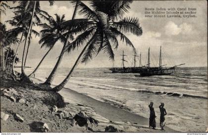 CPA Ceylon Sri Lanka, Boats laden with Coral from the Maldive Islands at anchor near Mount Lavinia
