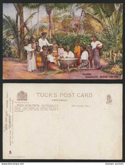 Ceylon Old Tuck's Postcard Colombo, Sinhalese Beating Tom-Tom Drum