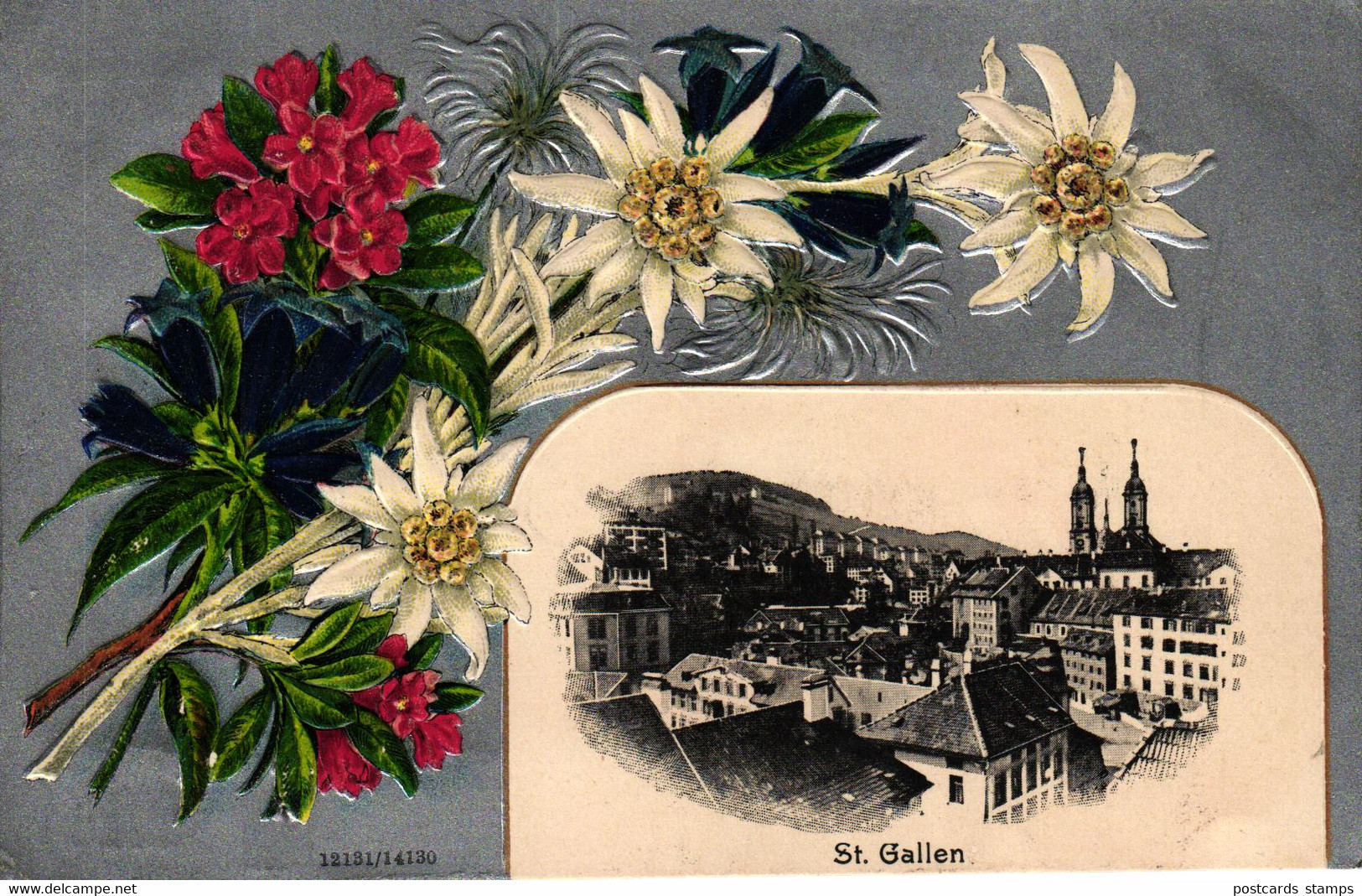St. Gallen, Prägekarte mit Blumen / Edelweiß, 1910
