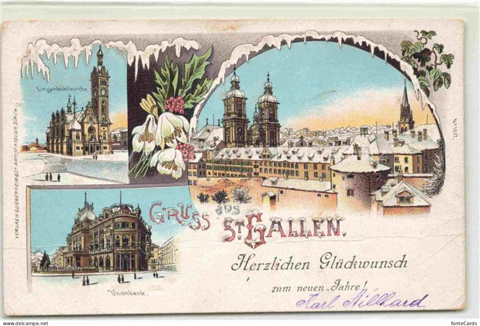 St Gallen SANKT GALLEN SG Ansicht mit Kirchen Unionbank Neujahrskarte Glimmer