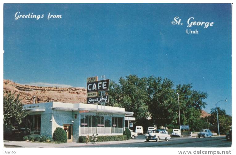 St. George UT Utah, Auto, Business Signs, Sugar Loaf AAA Cafe, c1950s Vintage Postcard