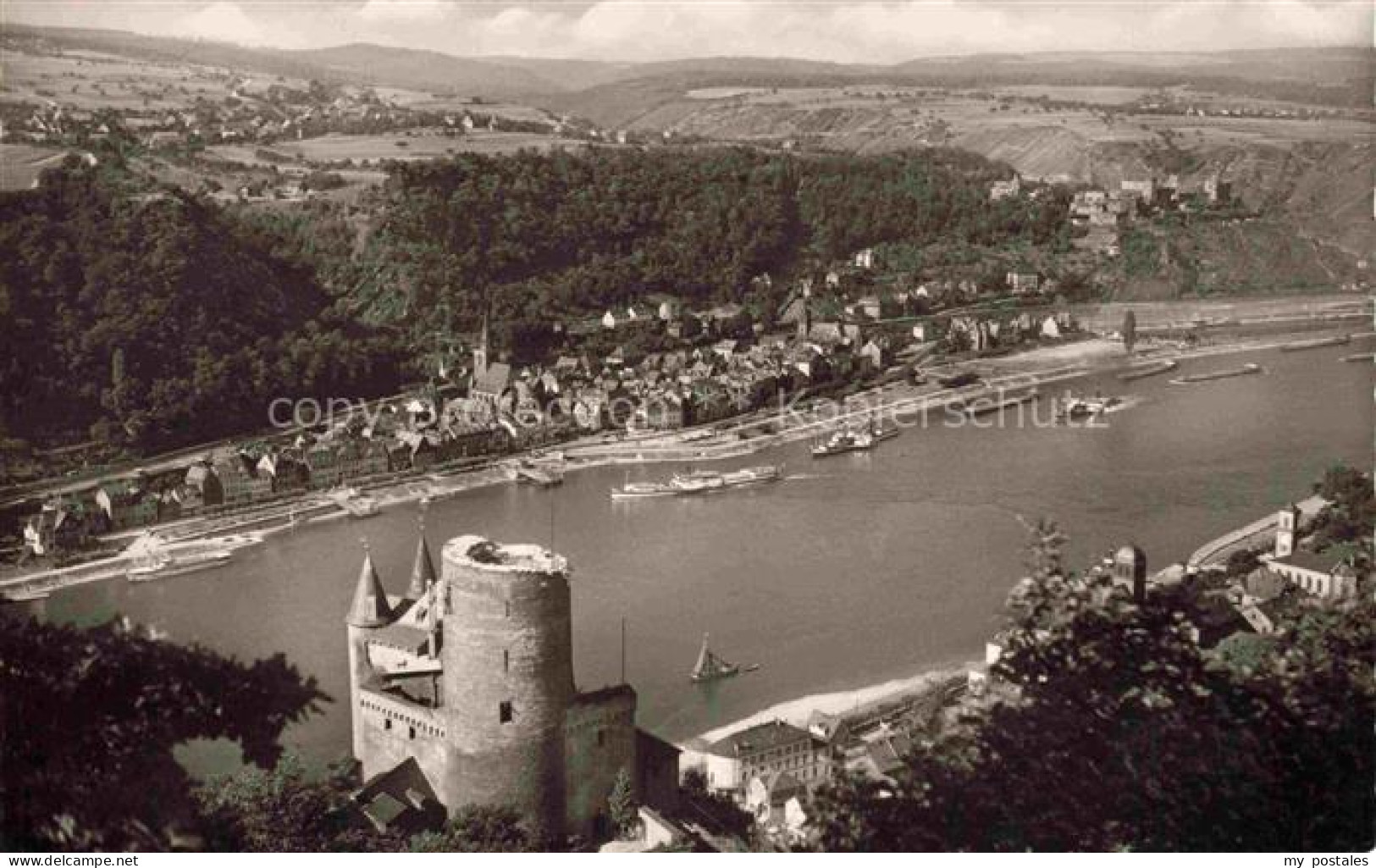 St Goar Rhein Fliegeraufnahme mit Burg Katz Blick auf St Goar und Burg Rheinfels