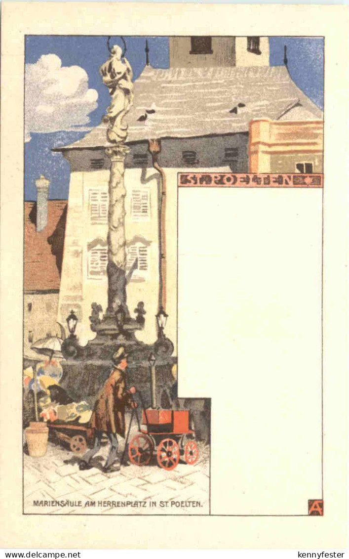 St. Pölten - Mariensäule - Litho - Künstler Ak