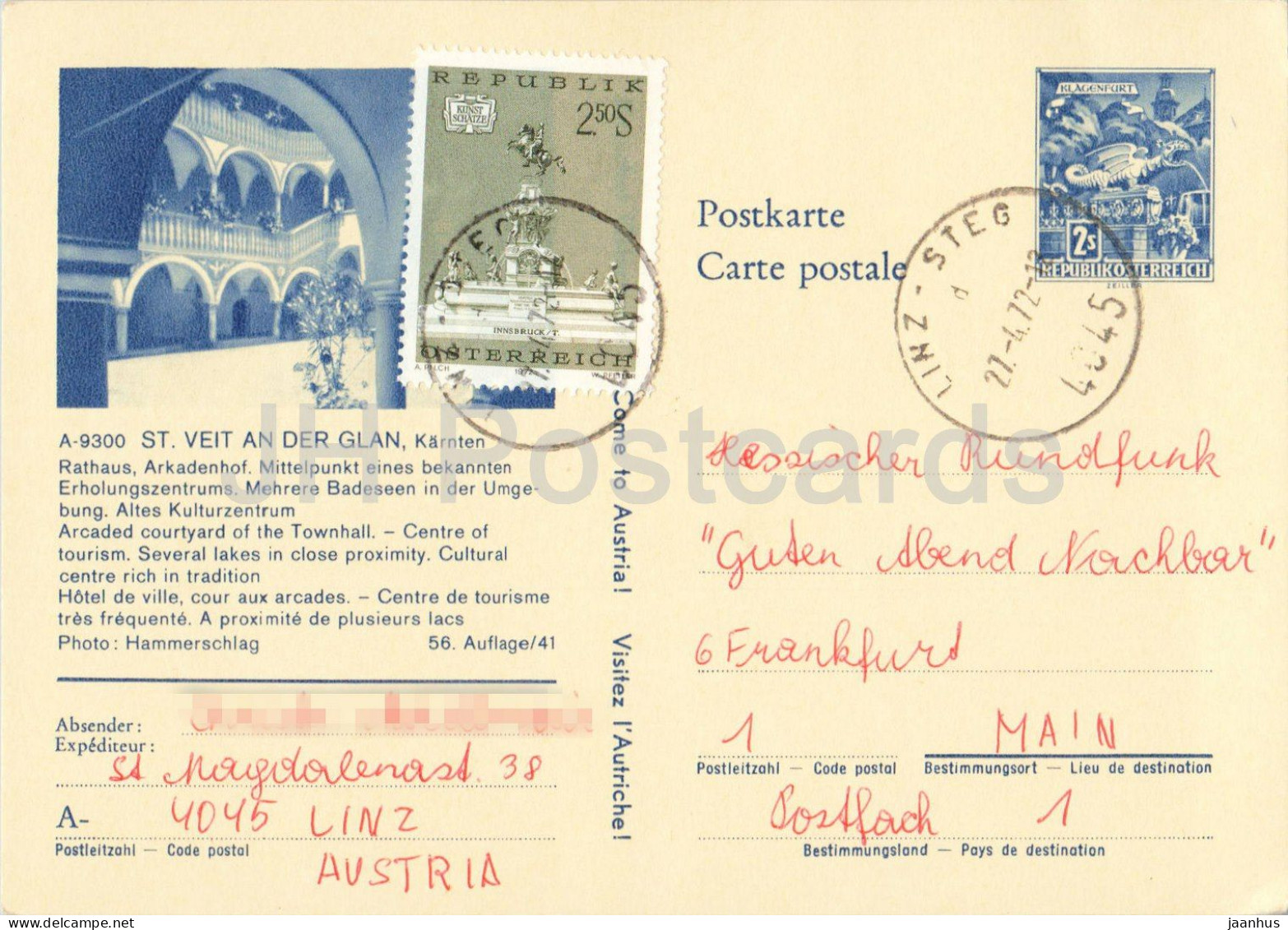 St. Veit an der Glan - Karnten - Hessischer Rundfunk - town hall - postal stationery - 1972 - Austria - used