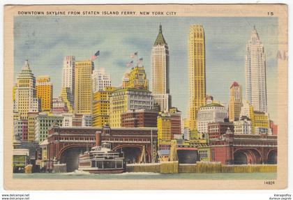 NYC Downtown Skyline from Staten Island Ferry old postcard travelled 1948 in Yugoslavia b170125