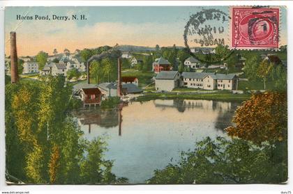 ETATS UNIS - U.S.A. NH * Voyagé 1915 - DERRY Horns Pond ( Étang des Cornes - Cheminée usine village )