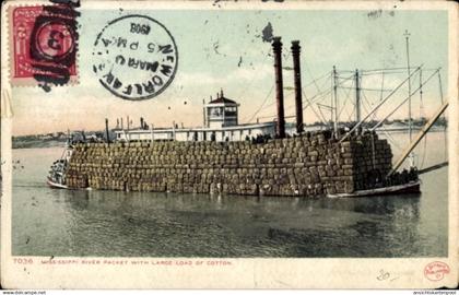 CPA Biloxi Mississippi USA, Schaufelradboot, große Baumwollladung, Mississippi