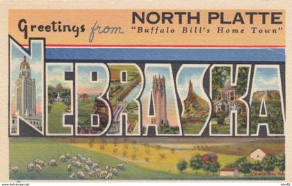 Large Letter Greetings from North Platte Nebraska, Buffalo Bill's Home Town c1930s Vintage Curteich Linen Postcard