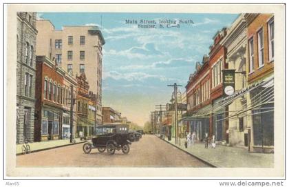 Sumter SC Main Street Looking South on c1910s Vintage Linen Postcard, National Bank of SC Sign