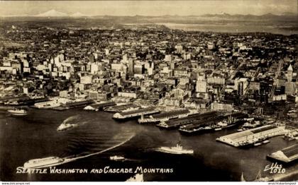 CPA Seattle Washington USA, Luftaufnahme, Washington, Cascade Mountains, busy waterfront, Lake Wa