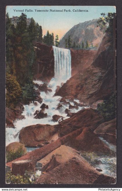 Vintage postcard USA Yosemite CA Vernal Falls California Airplane Slogan Cancel