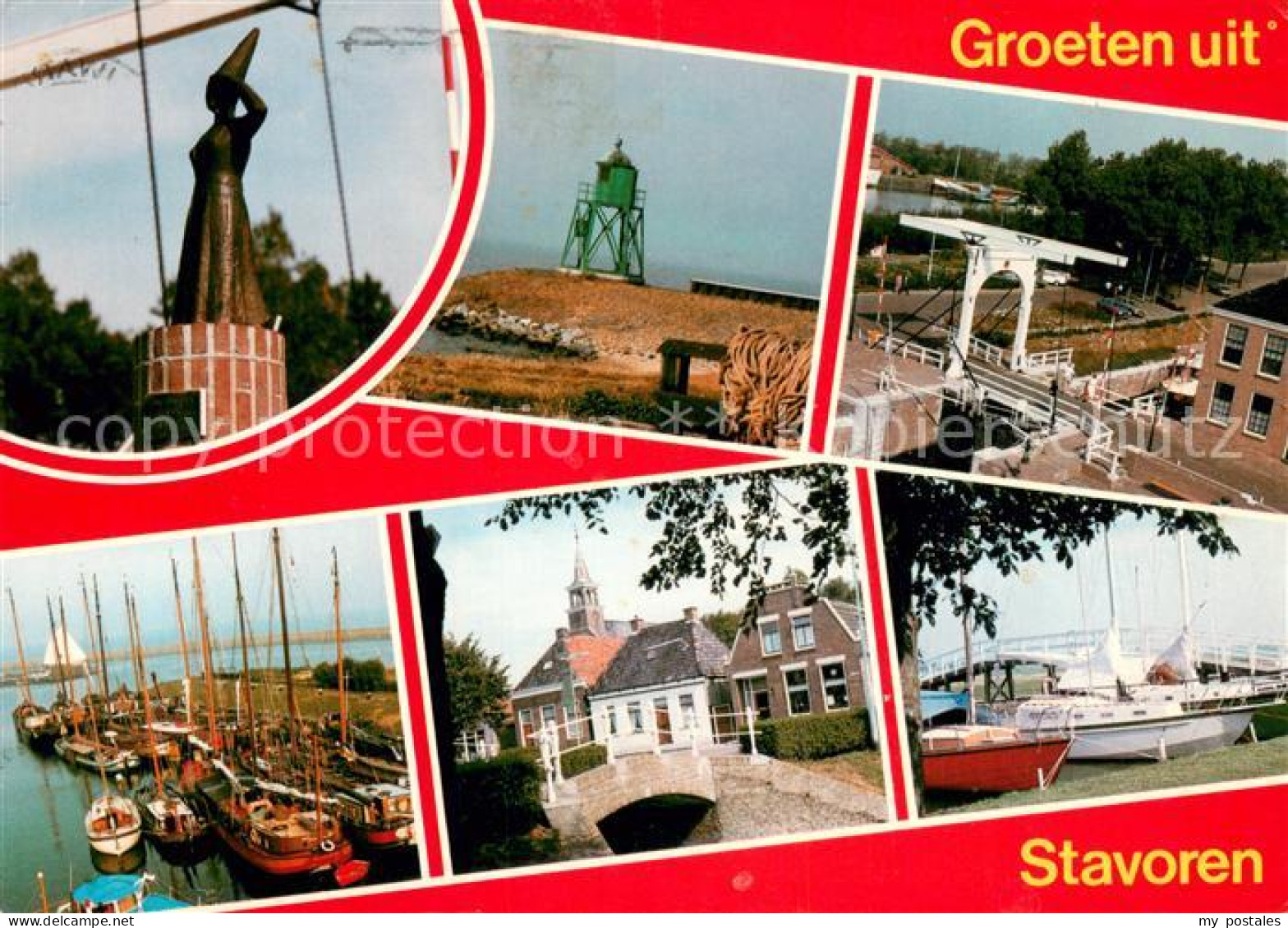 Stavoren Denkmal Leuchtfeuer Hafeneinfahrt Zugbruecke Hafen Motiv mit Kirche