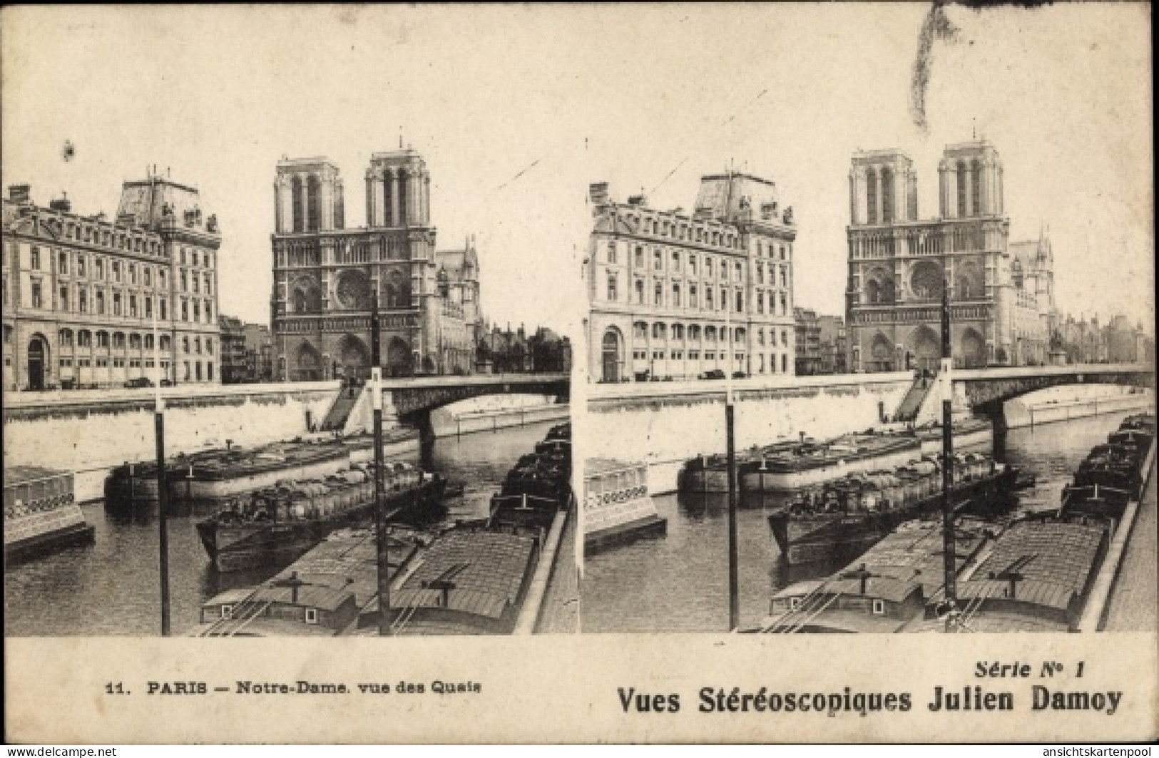 Stereo CPA Paris, Notre Dame von den Kais aus gesehen, Boote