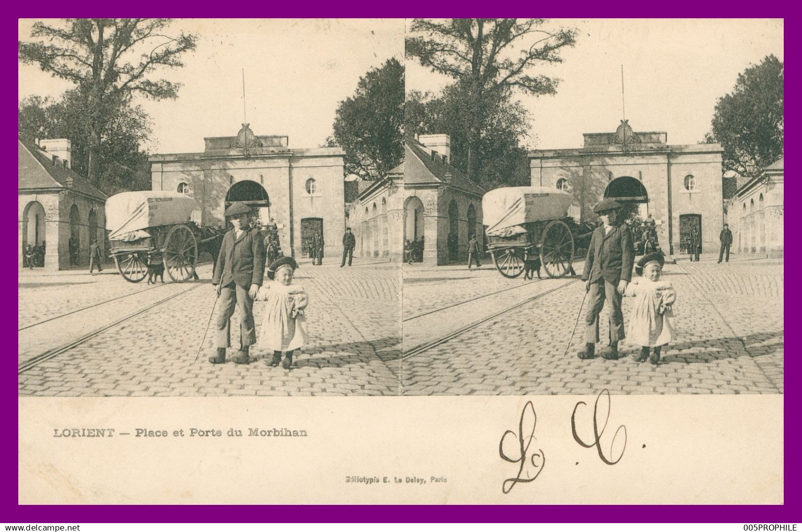 * STEREO - LORIENT - PLACE ET PORTE DU MORBIHAN - 2 VUES - CHARRETTE - ANIMEE - EDIT. E LE DELEY - VERS RUMES 1906