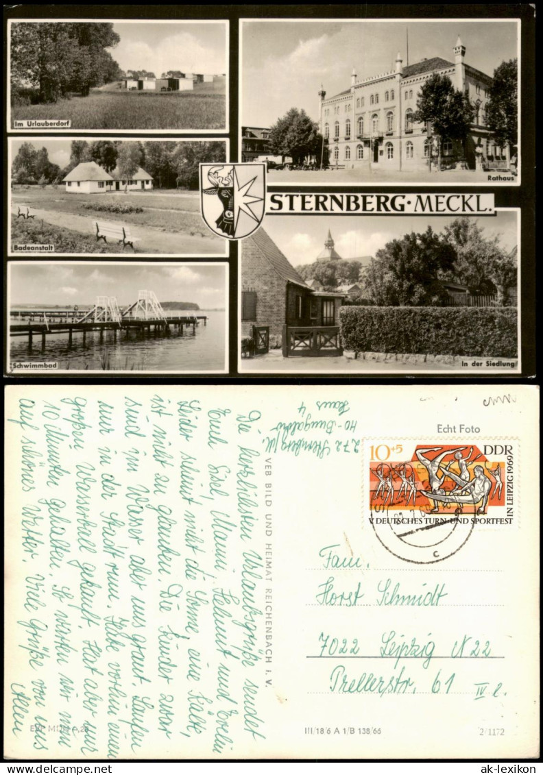 Sternberg (Mecklenburg) DDR Mehrbild Urlauberdorf, Rathaus, Badeanstalt 1966
